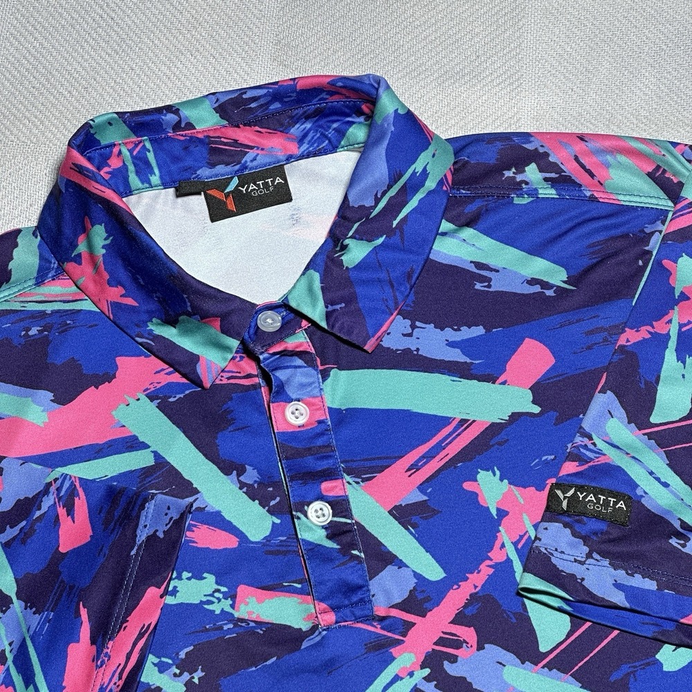 Yatta Golf Jersey Polo Mens Medium Performance Stretch Abstract Art Retro